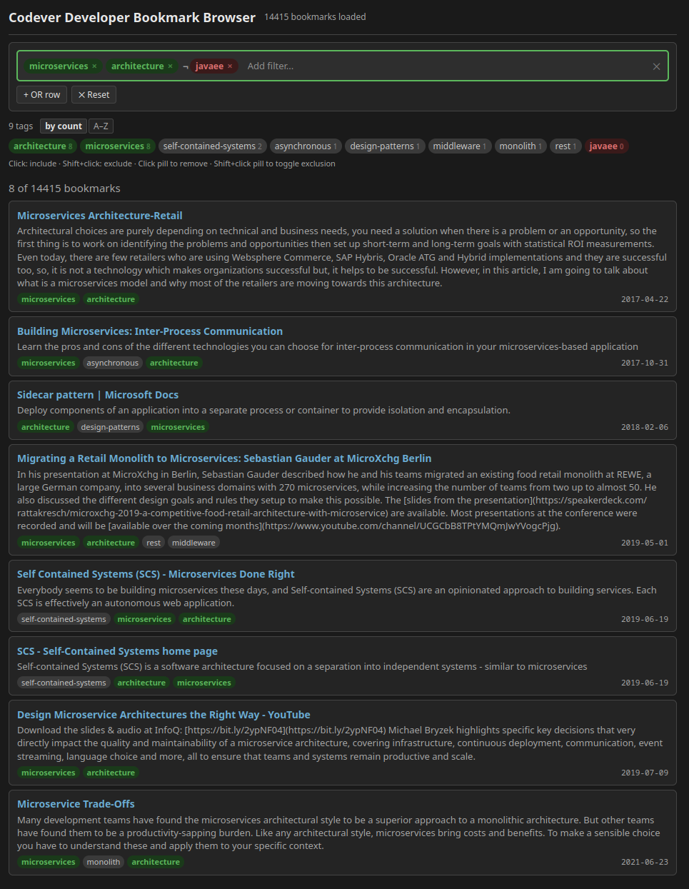 Codever bookmarks browsed with Pinboard Archive