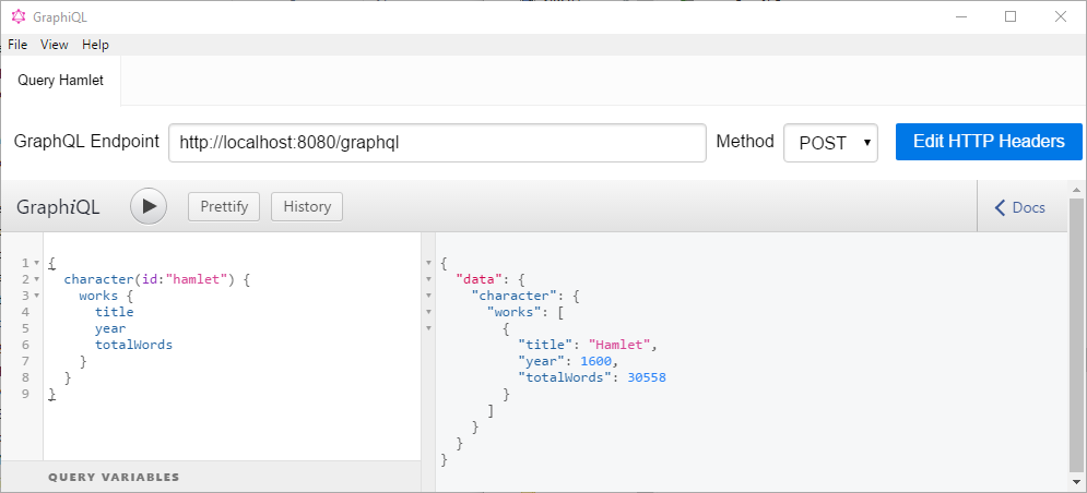 Query Hamlet title, year and total words with GraphiQL