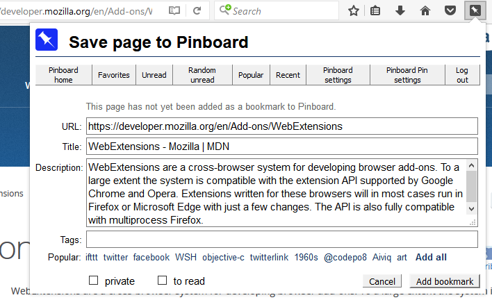 Pinboard Pin bookmark dialog
