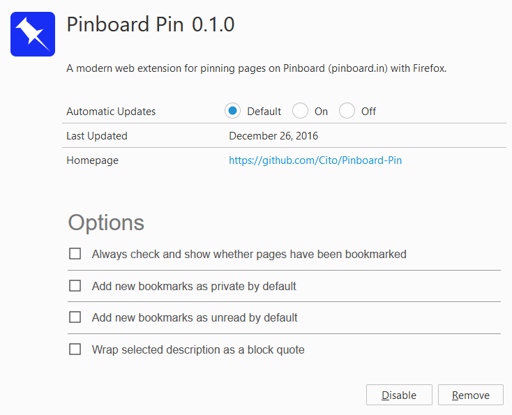 Pinboard Pin options dialog