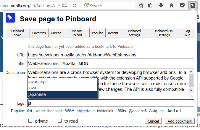Pinboard Pin auto-suggest tags